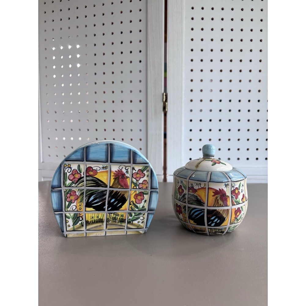 Jay Imports Rooster Kitchen Napkin Holder & Sugar Bowl w Lid Ceremic Rustic Farm